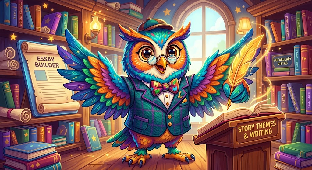 Professor Luma, a wise and colorful owl in his enchanted library, ready to guide young readers and writers